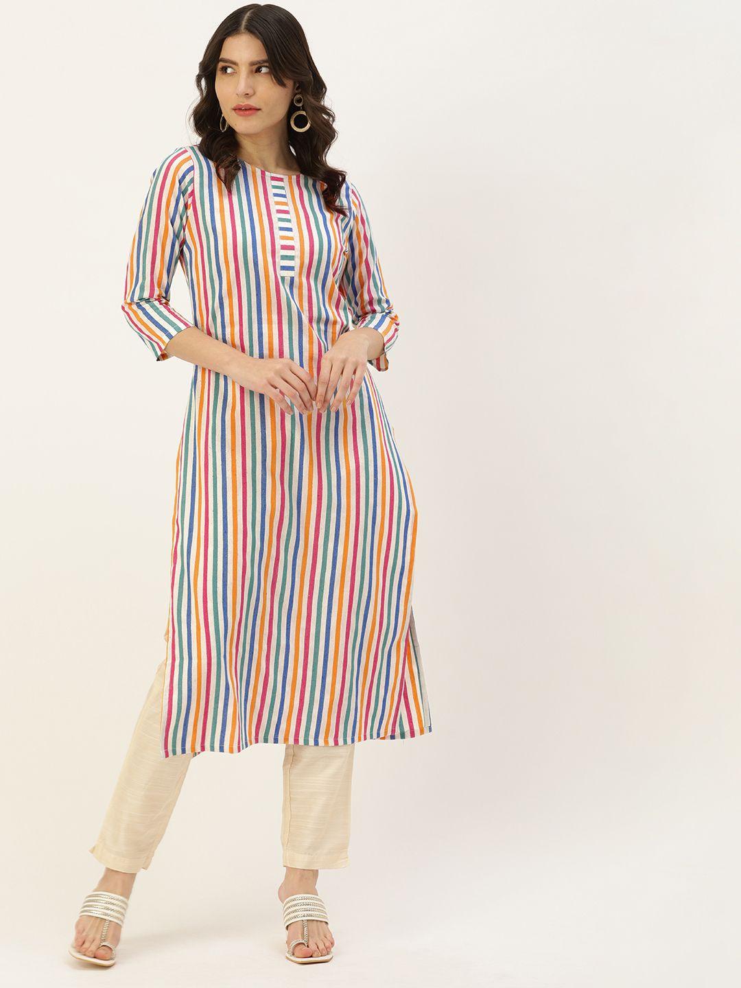 saanjh-multicoloured-striped-cotton-blend-straight-kurti