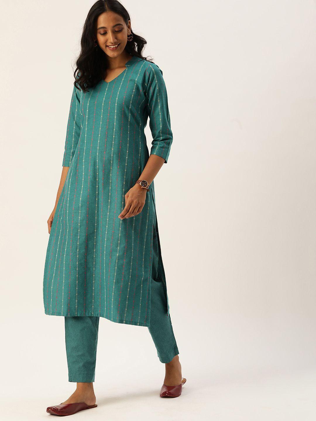 saanjh-women-turquoise-green-cotton-blend-woven-designed-kurti-with-trousers
