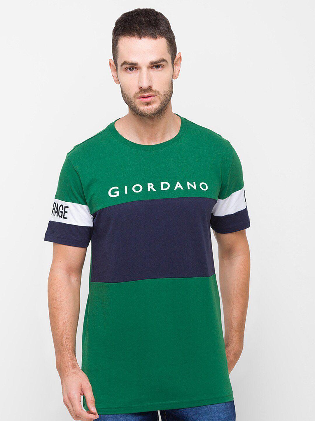 giordano-men-green-&-blue-colourblocked-slim-fit-cotton-t-shirt
