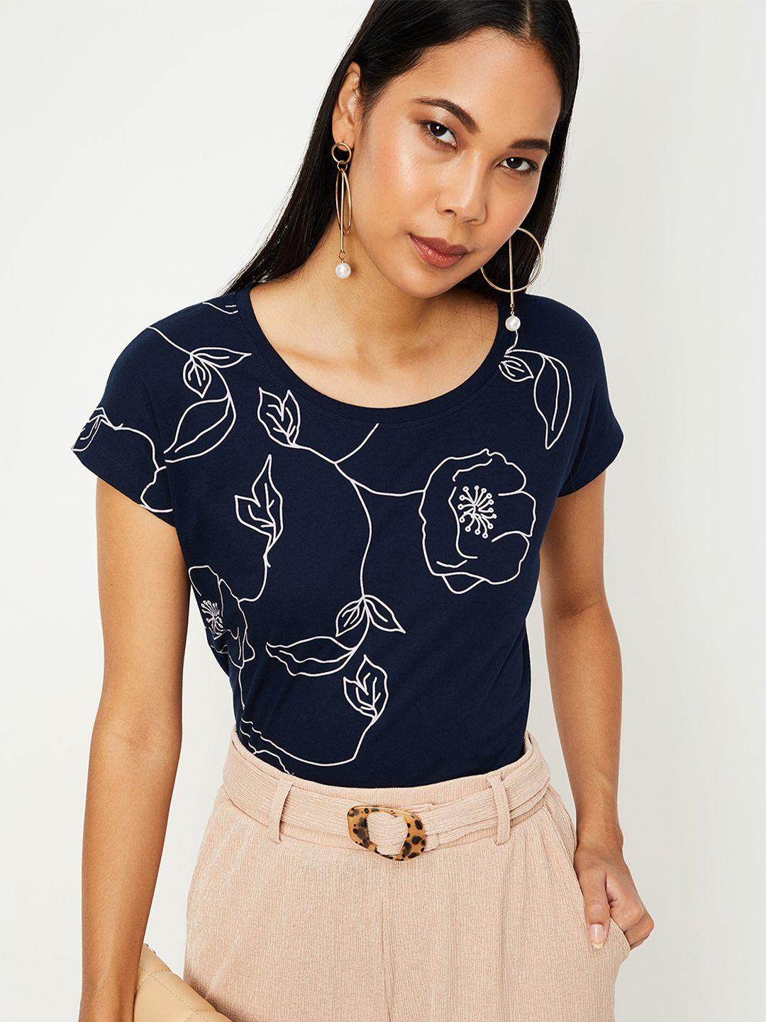 max-women-navy-blue-&-white-floral-printed-extended-sleeves-pure-cotton-t-shirt