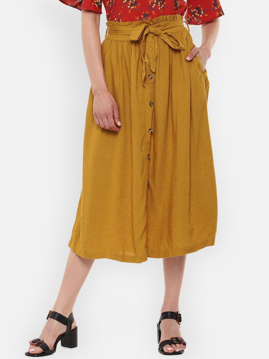van-heusen-woman-mustard-yellow-solid-knee-length-a-line-skirt
