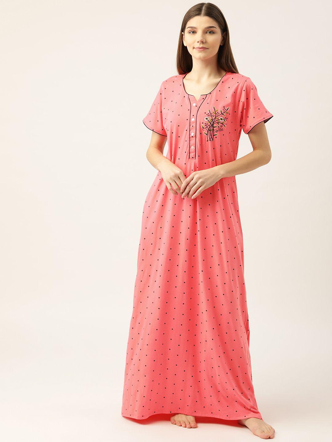 sweet-dreams-women-pink-pure-cotton-polka-dots-printed-maxi-nightdress