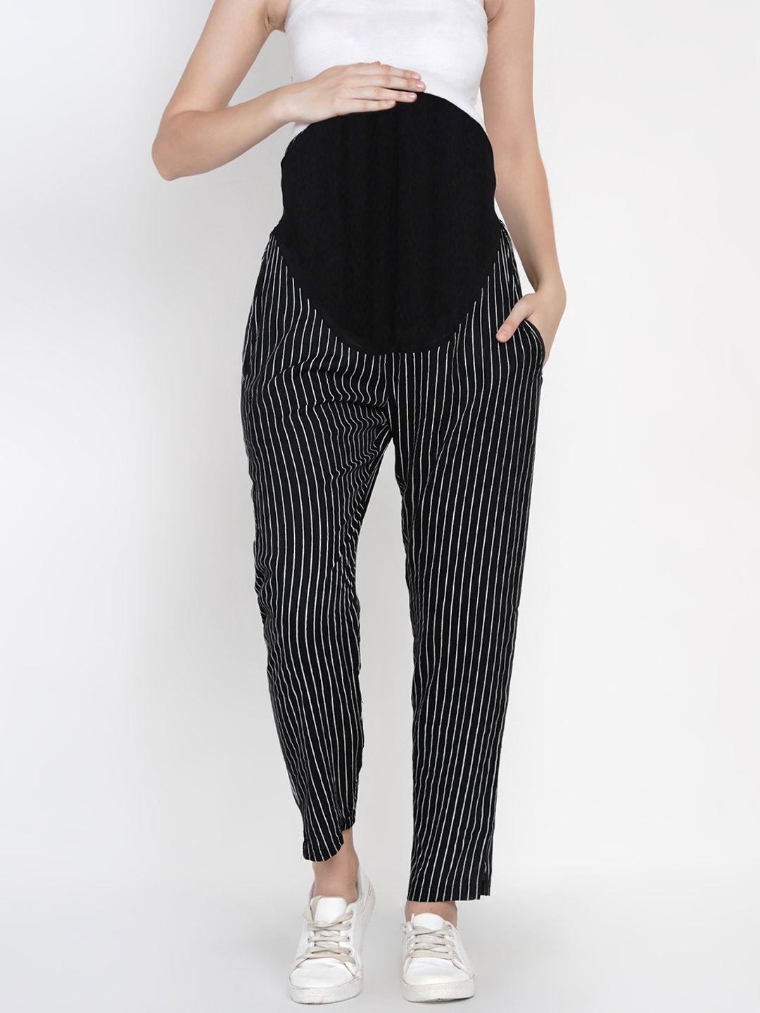 mine4nine-women-black-striped-relaxed-straight-leg-easy-wash-maternity-trousers