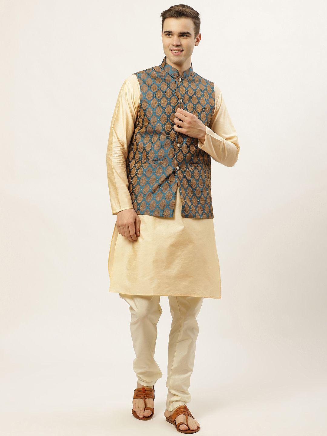 jompers-men-beige-&-blue-solid-kurta-with-churidar-&-nehru-jacket
