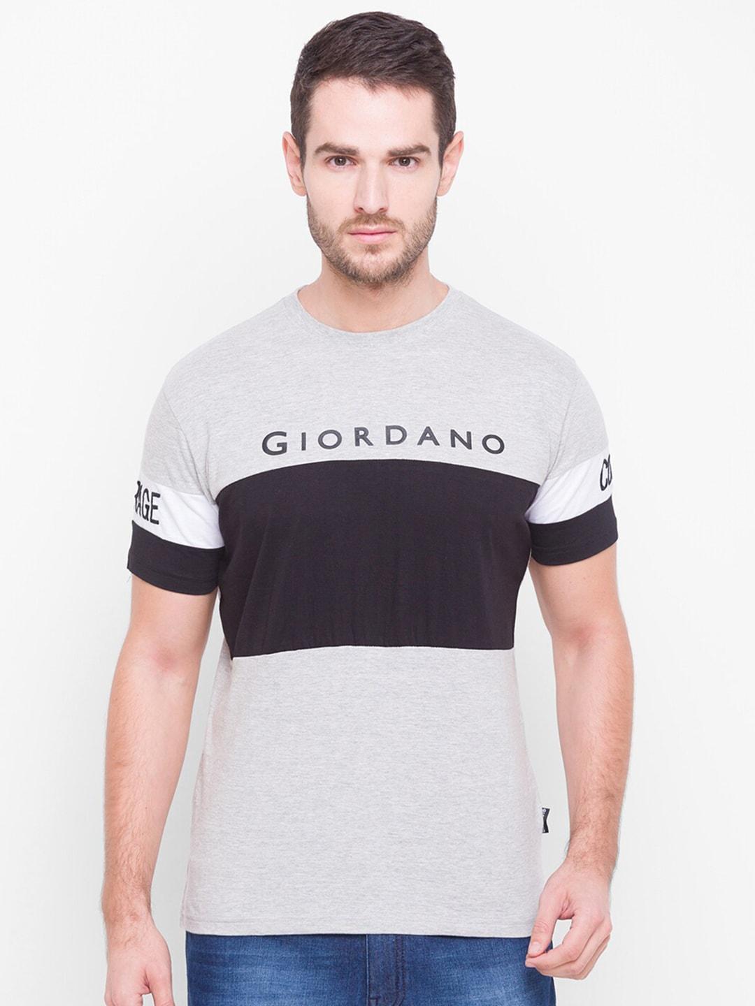 giordano-men-grey-melange-&-black-colourblocked-cotton-slim-fit-t-shirt