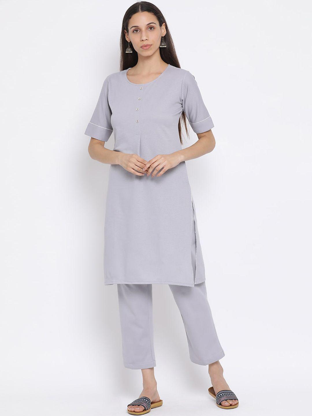 span-women-grey-solid-pure-cotton-kurta-with-trousers