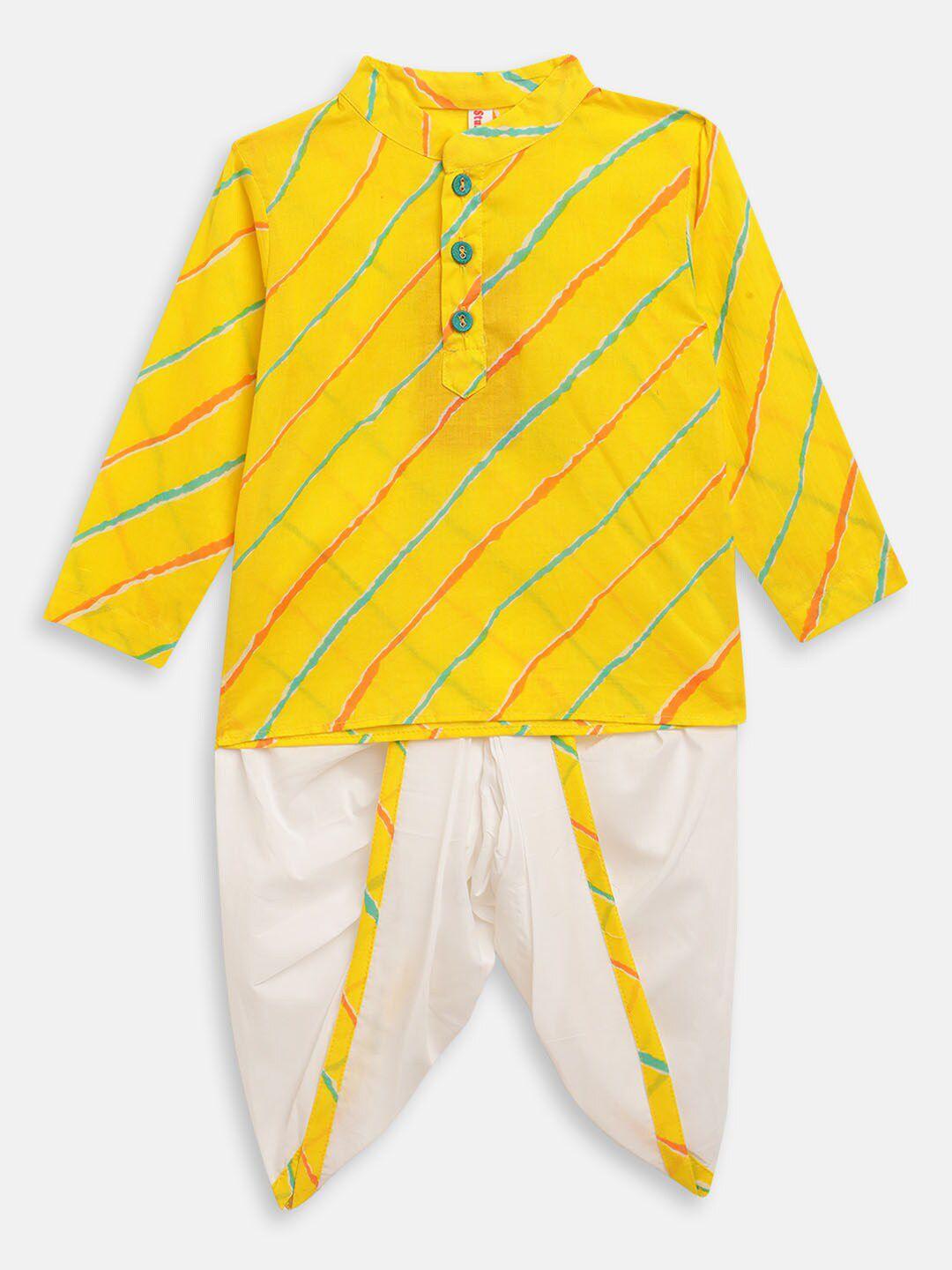stuffie-land-boys-yellow-leheriya-printed-pure-cotton-kurta-with-dhoti-pants