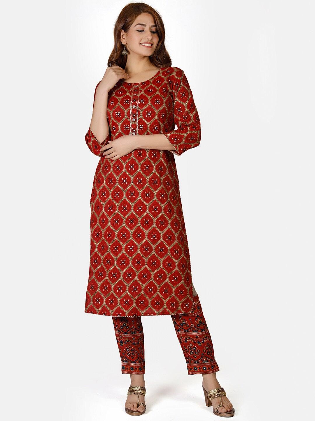 do-dhaage-women-red-ethnic-motifs-printed-mirror-work-kurta-with-trousers