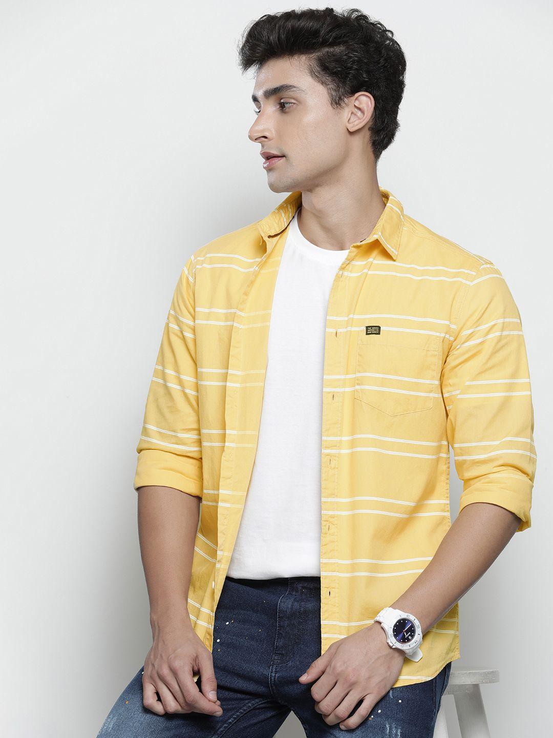 the-indian-garage-co-men-yellow-&-white-horizontal-striped-cotton-casual-shirt