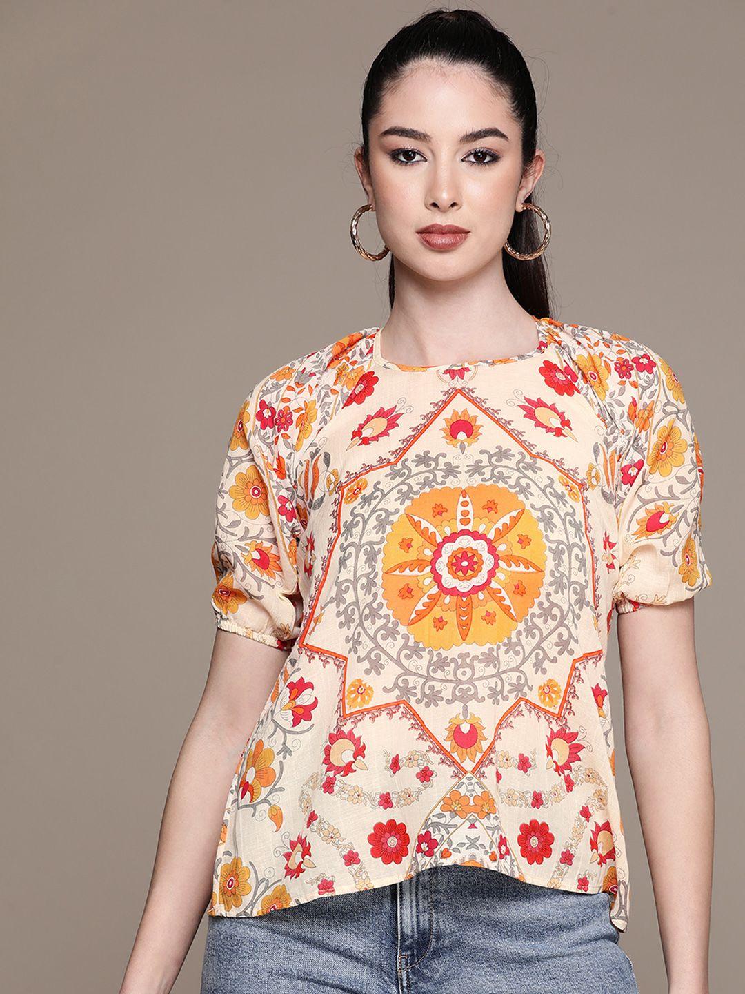 label-ritu-kumar-women-beige-&-red-ethnic-motifs-printed-top
