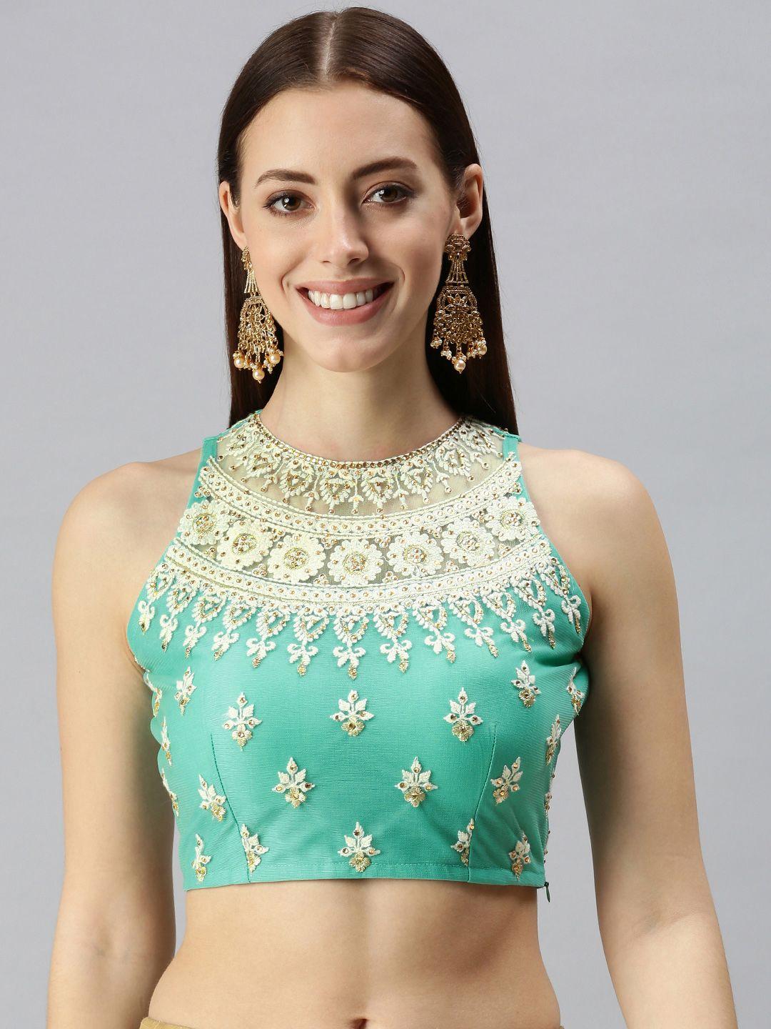 flaher-women-sea-green-&-off-white-embroidered-padded-saree-blouse
