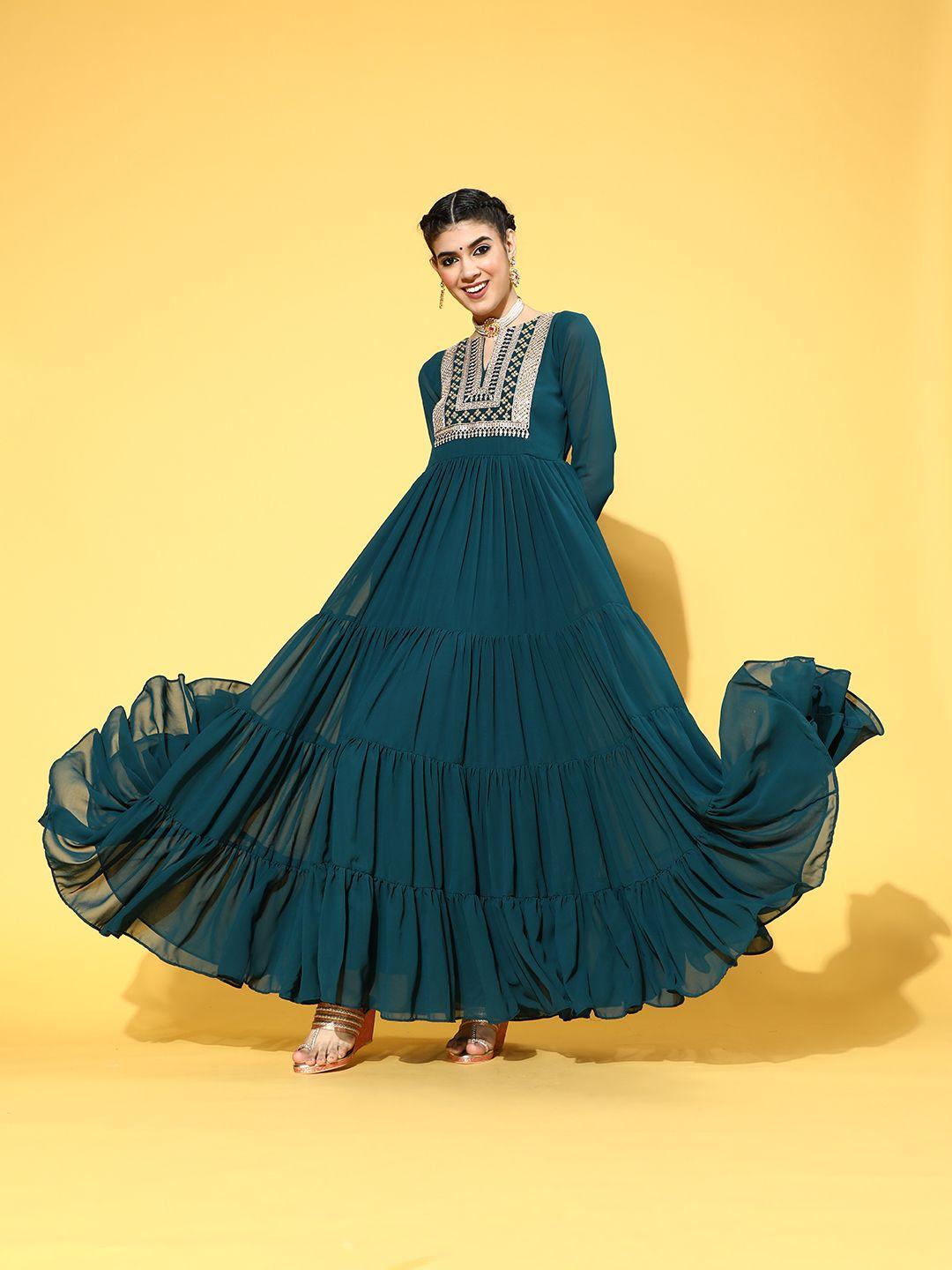 inddus-teal-green-ethnic-yoke-embroidered-georgette-maxi-dress