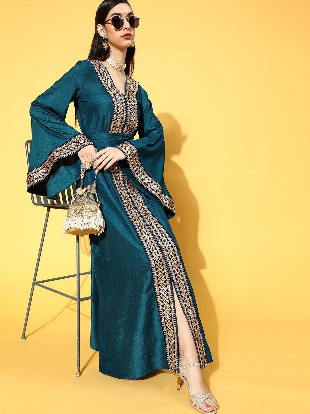 inddus-women-teal-&-golden-ethnic-motifs-ethnic-a-line-maxi-dress-with-a-belt