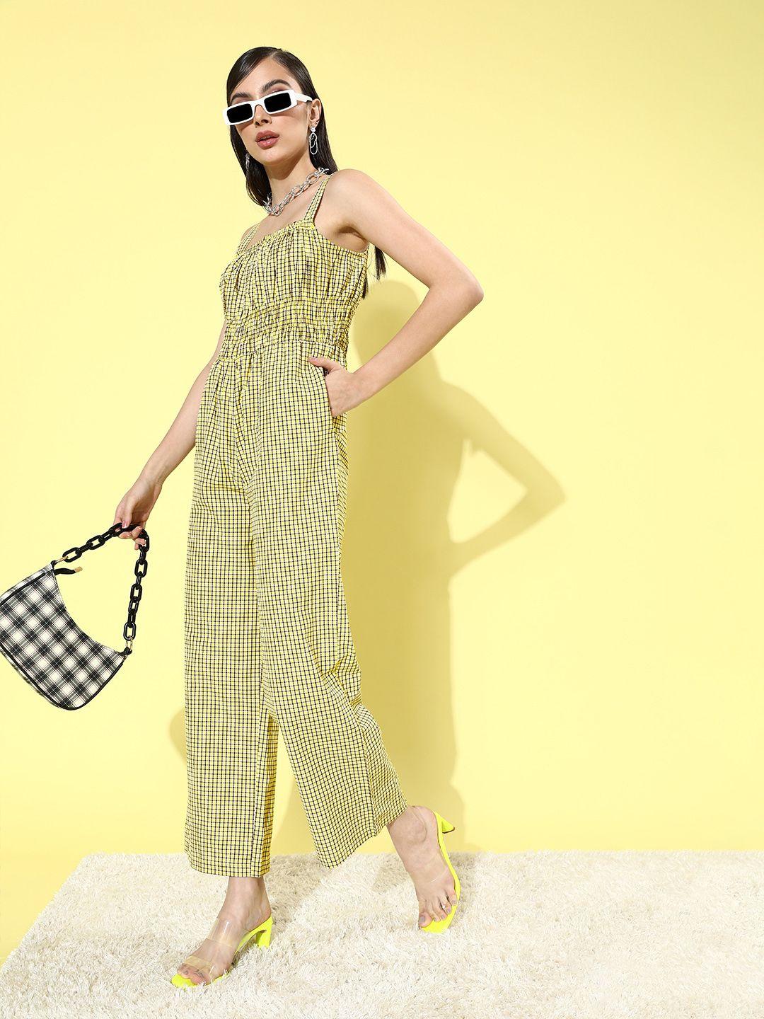dressberry-women-bright-yellow-checked-cinched-waist-jumpsuit