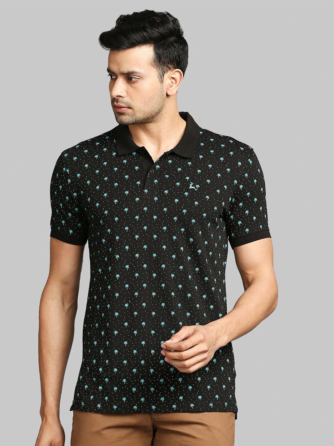 parx-men-black-&-green-ditsy-tropical-print-cotton-polo-collar-t-shirt