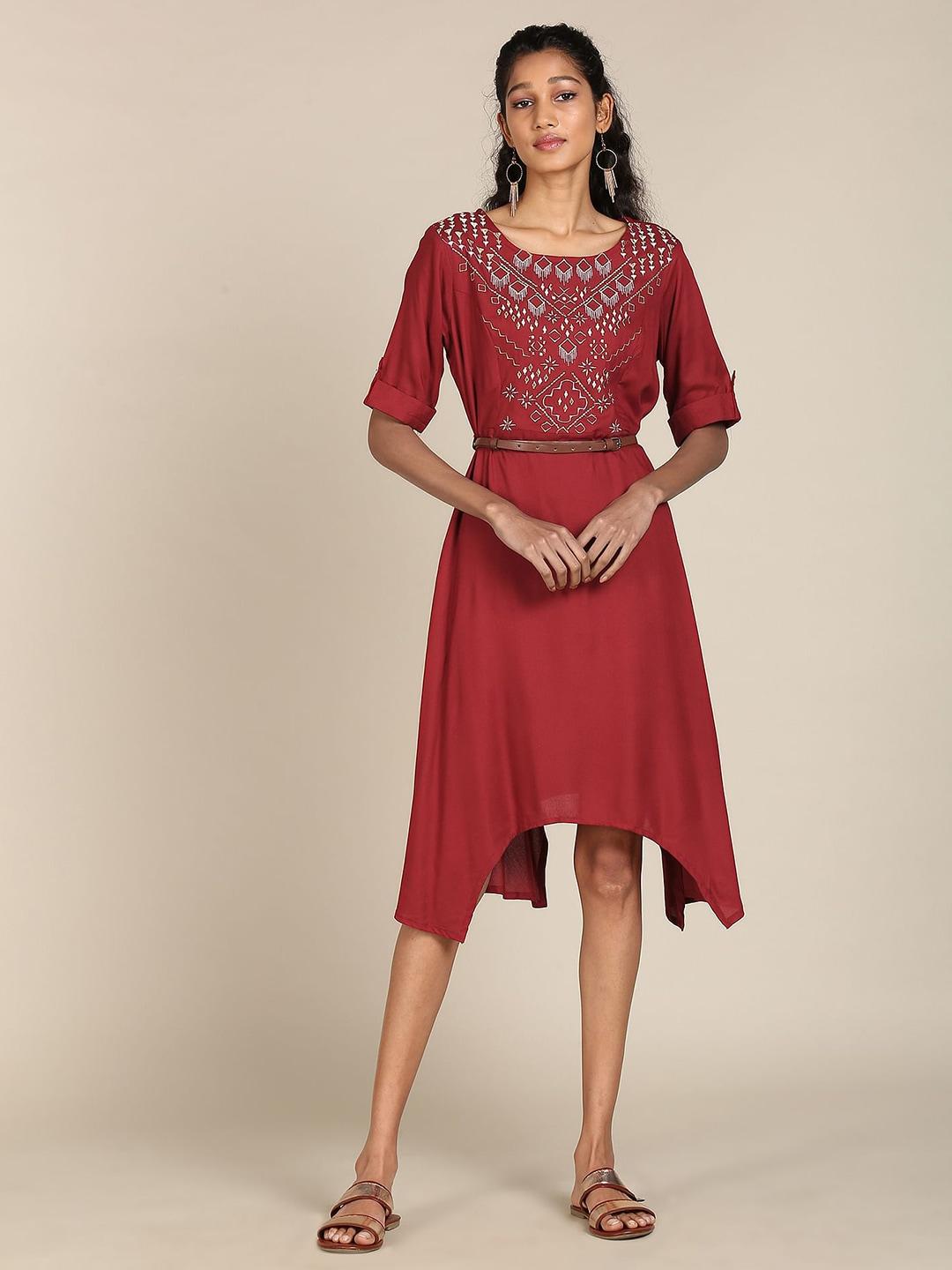 karigari-women-red-&-gold-toned-embroidered-dress