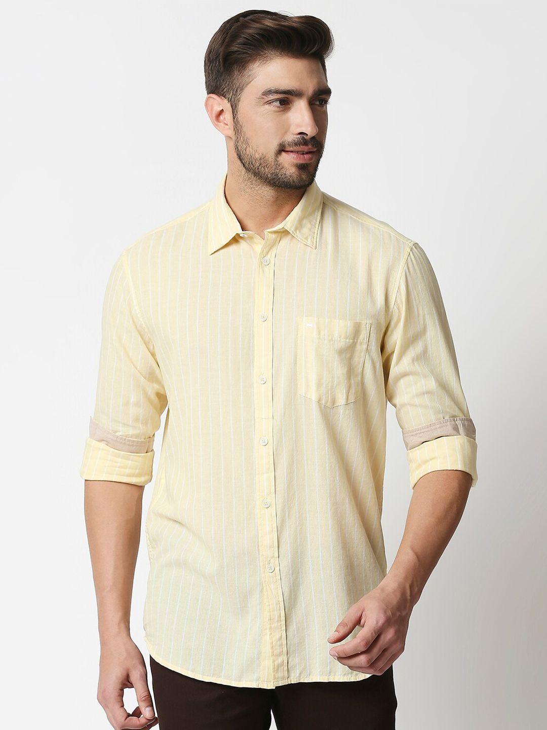 basics-men-white-&-yellow-slim-fit-striped-cotton-linen-casual-shirt