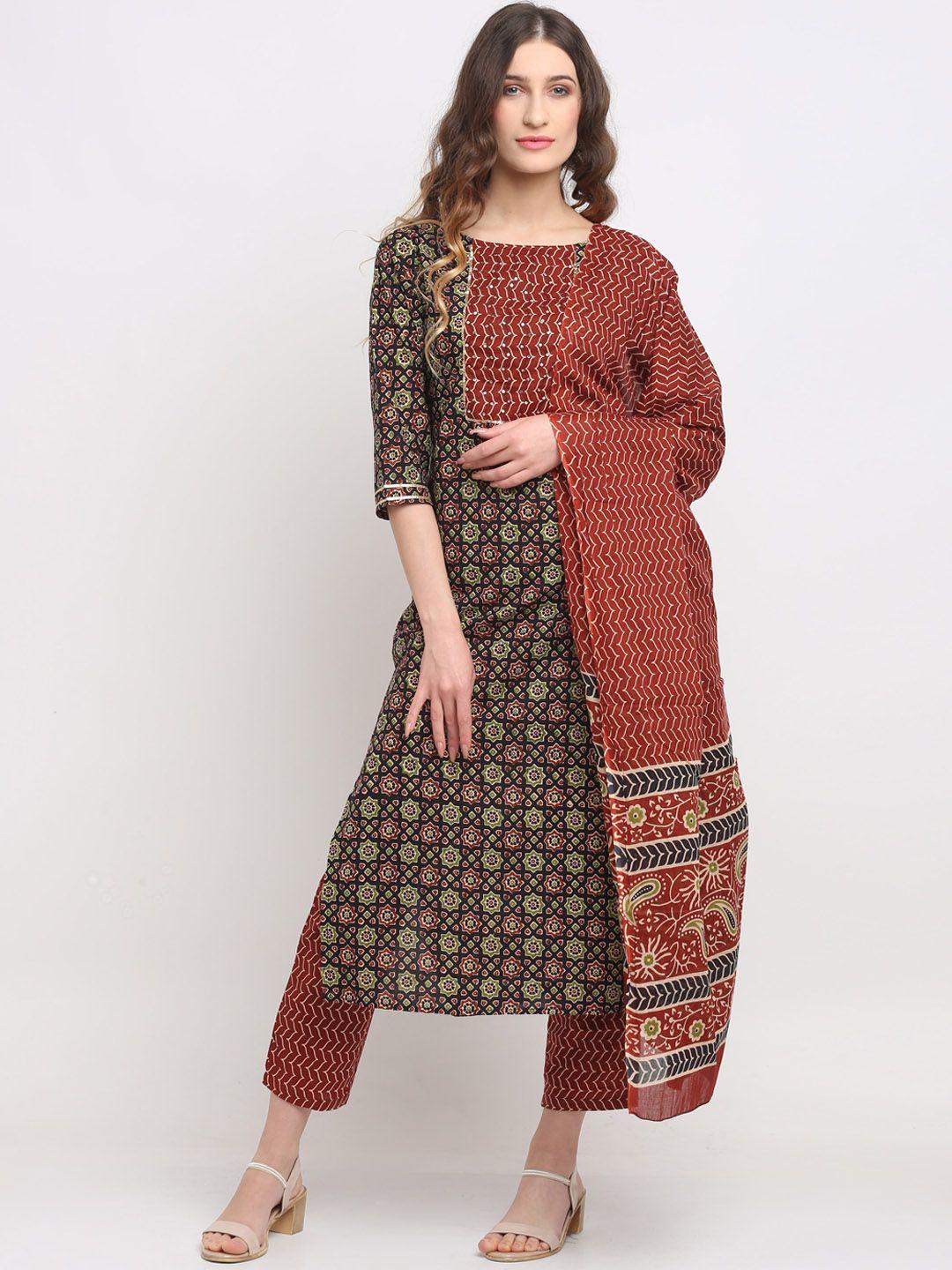 rajnandini-women-rust-&-green-printed-pure-cotton-kurta-with-palazzos-&-dupatta