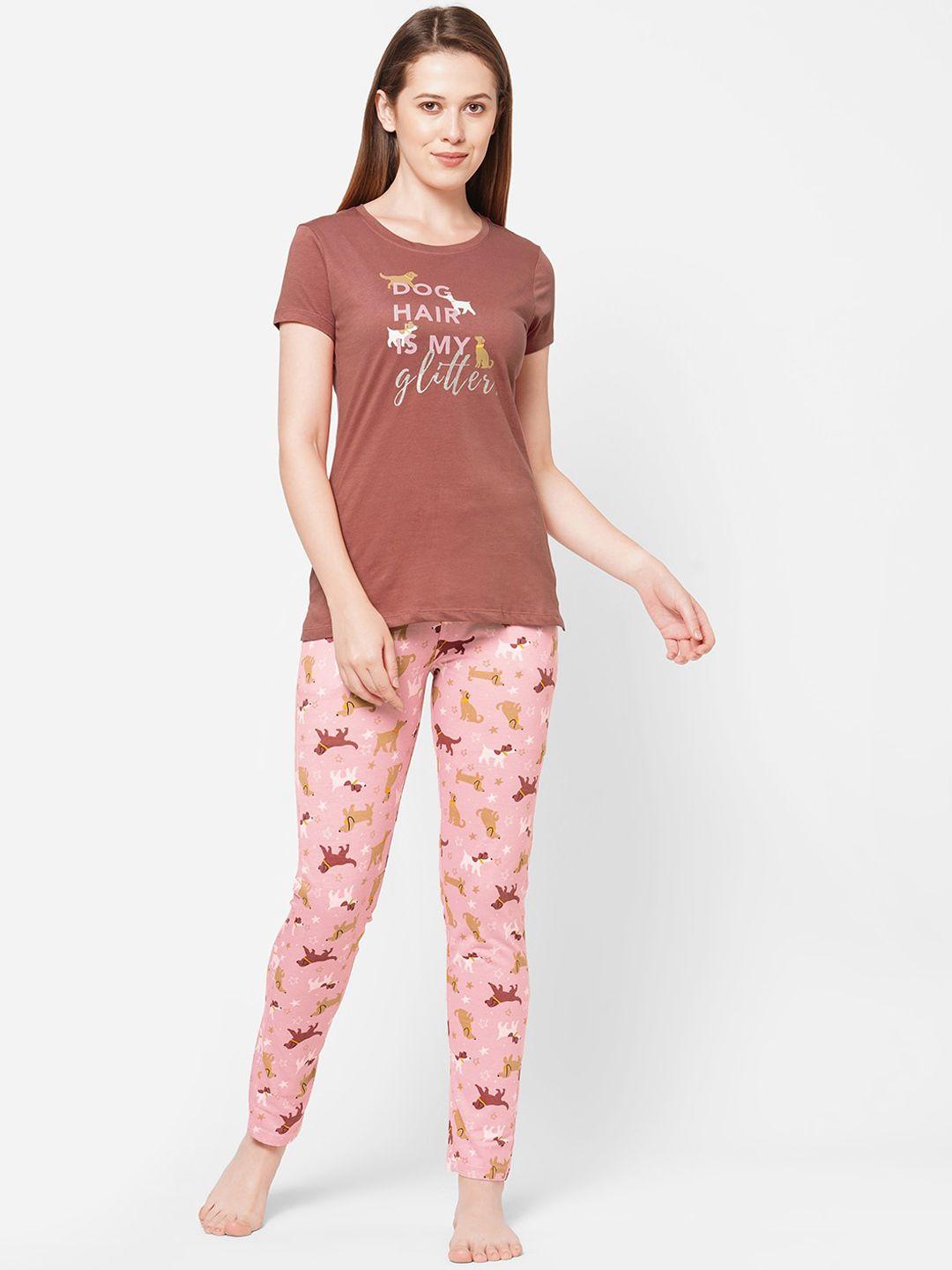 sweet-dreams-women-brown-&-pink-printed-t-shirt-with-pyjama-set