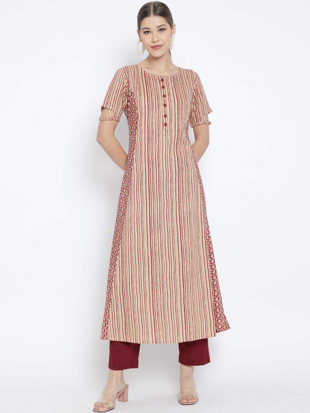 yash-gallery-maroon-&-beige-striped-printed-a-line-kurti