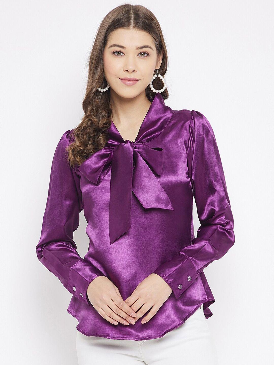 bitterlime-women-violet--solid-tie-up-neck-satin-regular-top