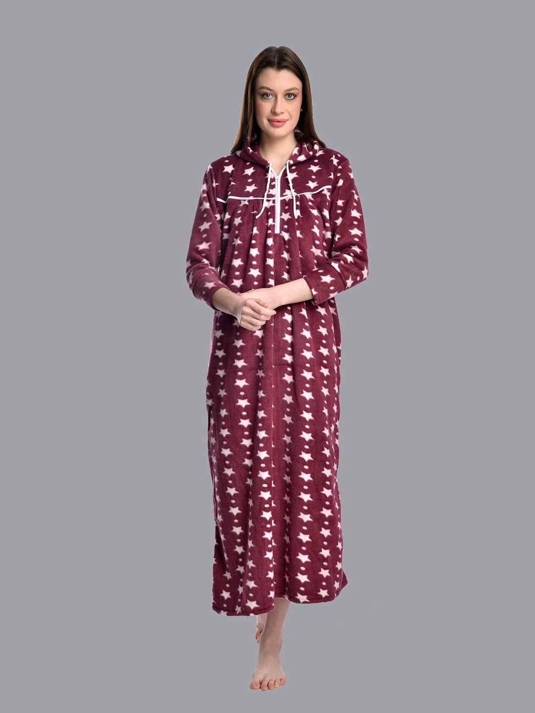 cierge-women-magenta-printed-hoodie-maxi-nightdress