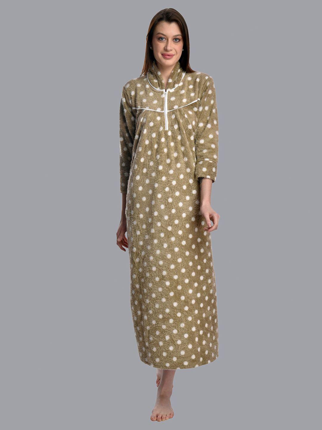 cierge-women-camel-brown-&-white-polka-dots-printed-maxi-sweat-nightdress
