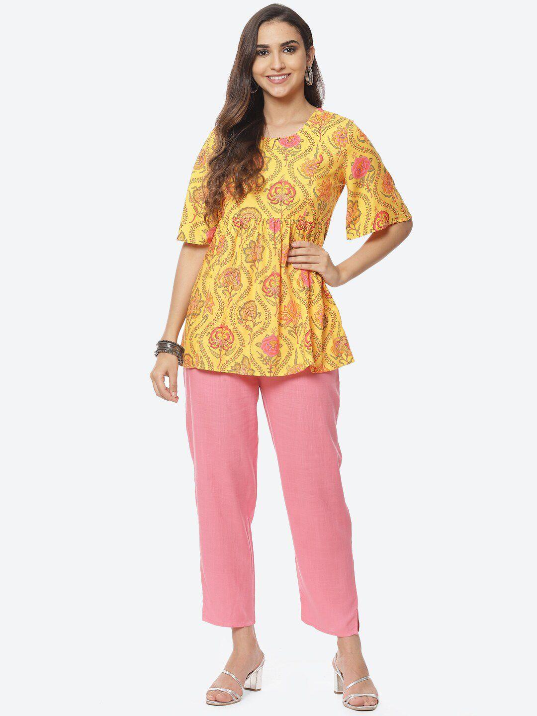 rangriti-yellow-&-pink-floral-print-keyhole-neck-peplum-top