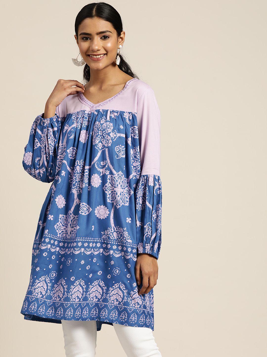 sangria-women-blue-&-lavender-ethnic-motifs-printed-tunic-with-pleated-detail