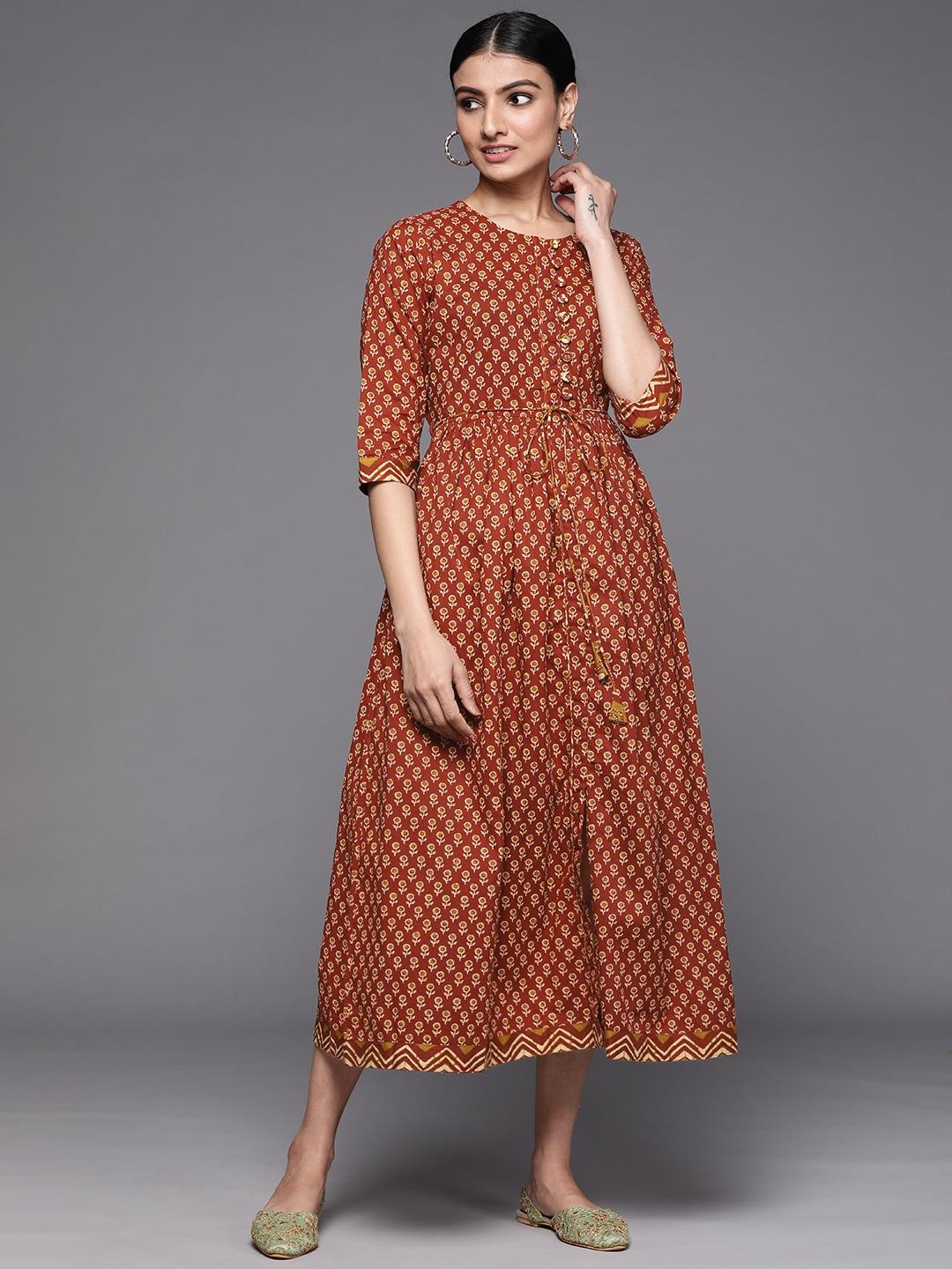 libas-rust-red-&-mustard--floral-motifs-printed-a-line--midi-dress-with-tie-up-detail