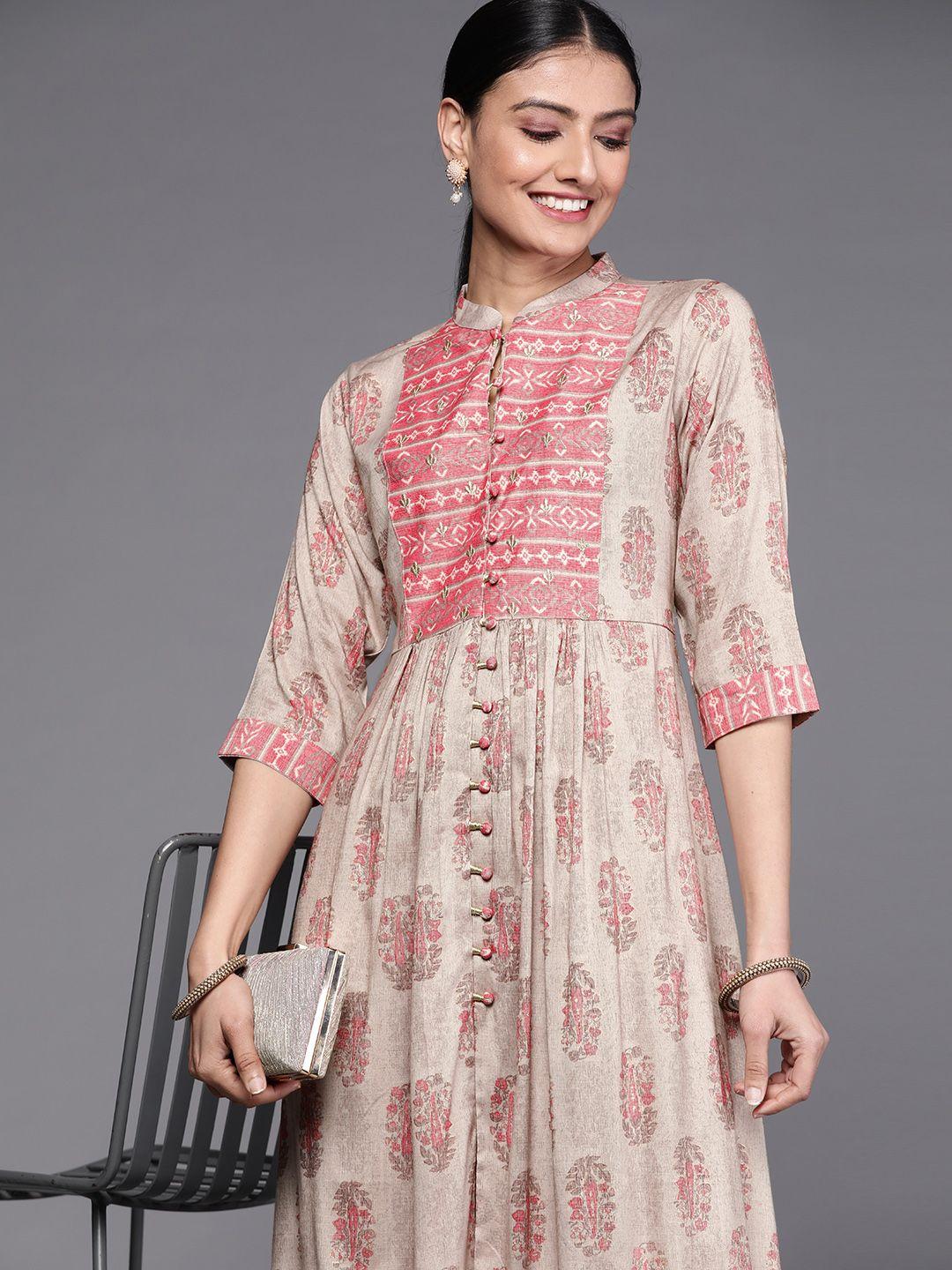 libas-taupe-&-pink-ethnic-printed-a-line-midi-dress
