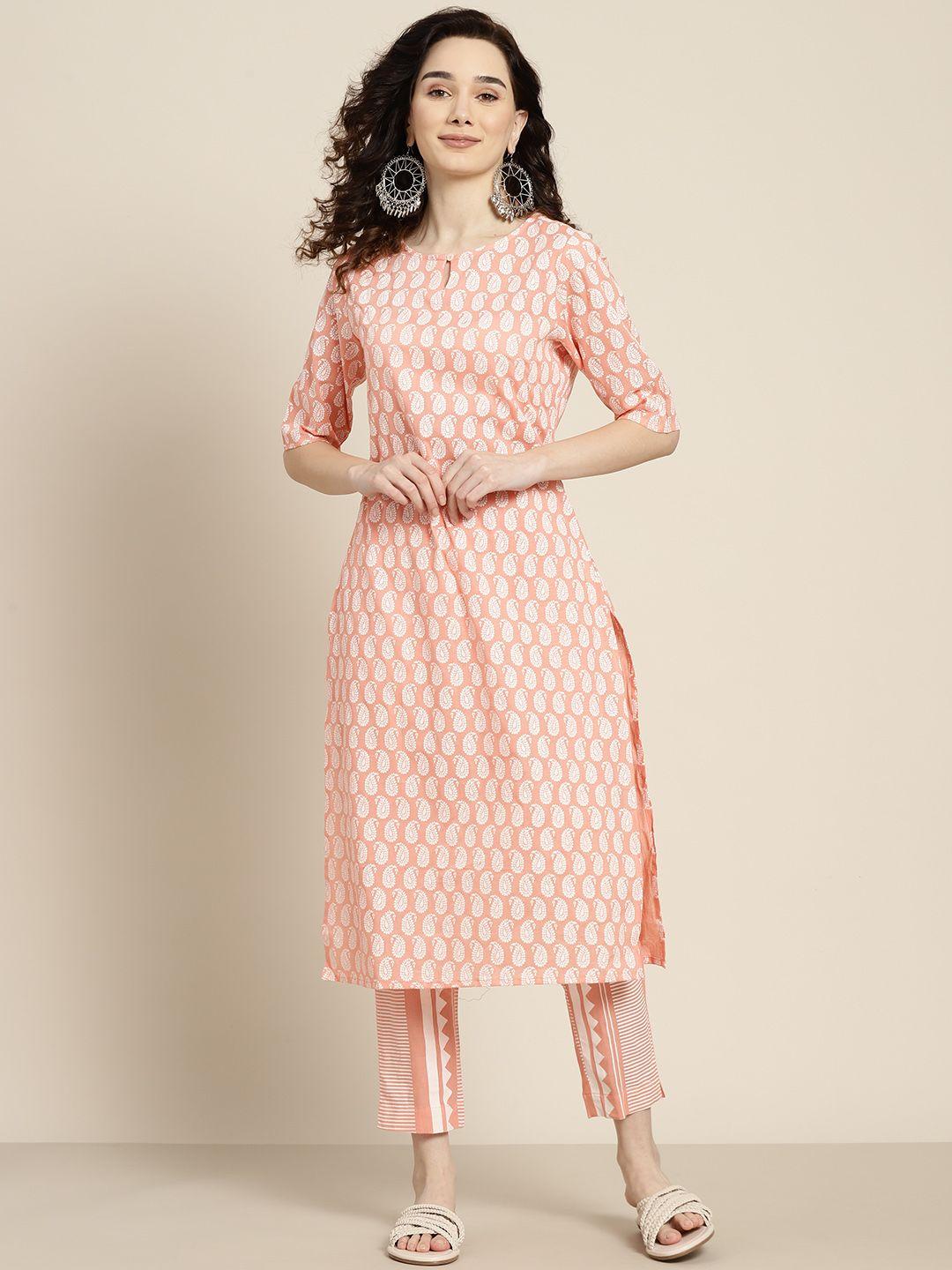 sangria-women-peach-coloured-&-white-ethnic-printed-pure-cotton-kurta-set