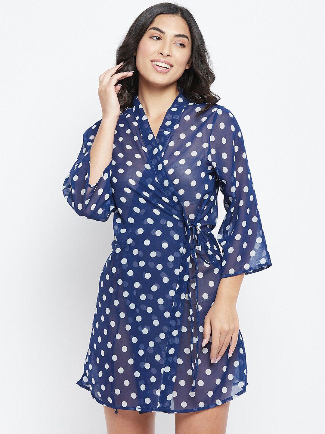 clovia-women-navy-blue-&-white-polka-dot-printed-robe