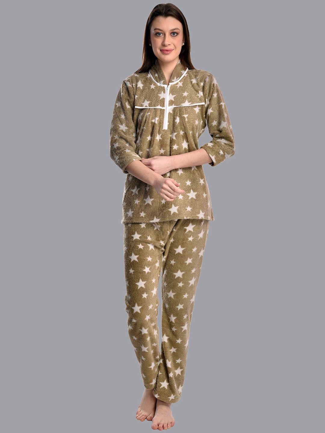 cierge-women-camel-brown-&-white-geometric-printed-night-suits
