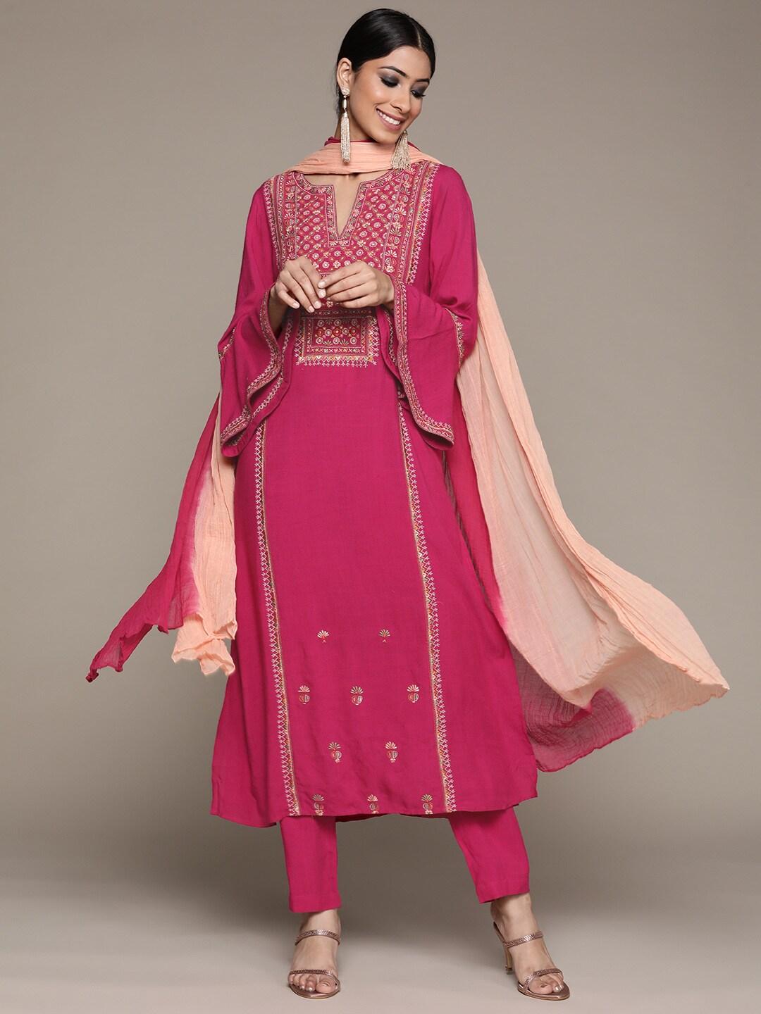 aarke-ritu-kumar-women-pink-&-orange-floral-embroidered-kurta-with-trousers-&-dupatta