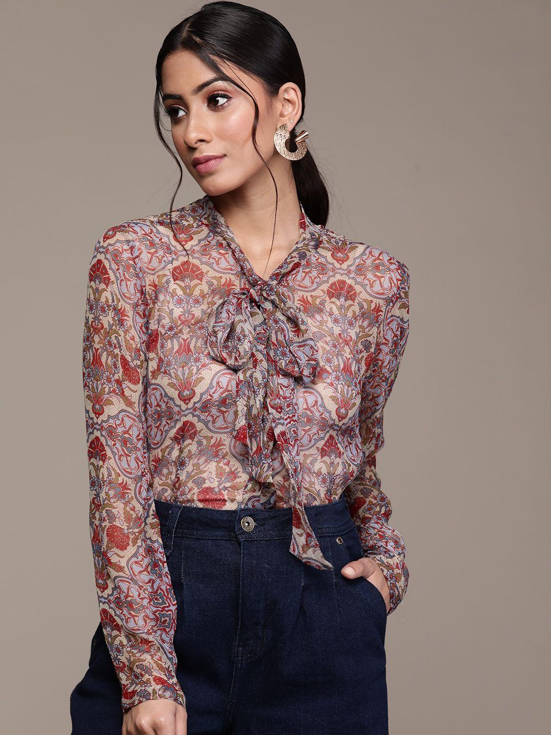 aarke-ritu-kumar-green-&-blue-ethnic-print-tie-up-neck-shirt-style-top-with-camisole