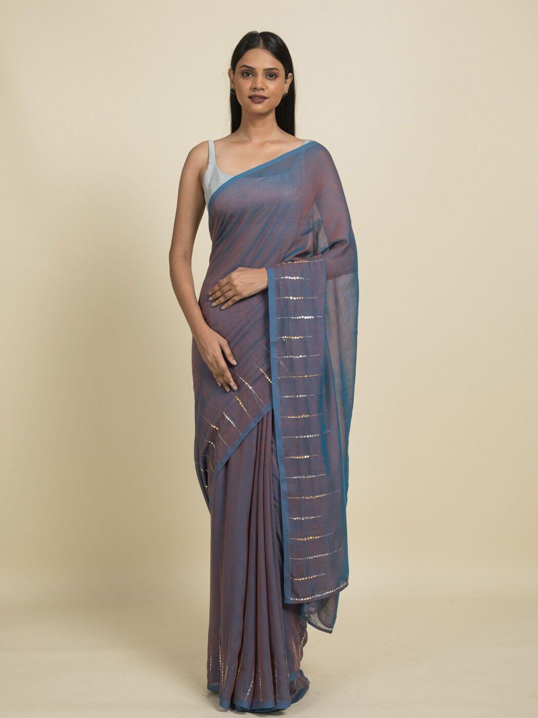 suta-blue-&-silver-toned-sequinned-pure-cotton-saree