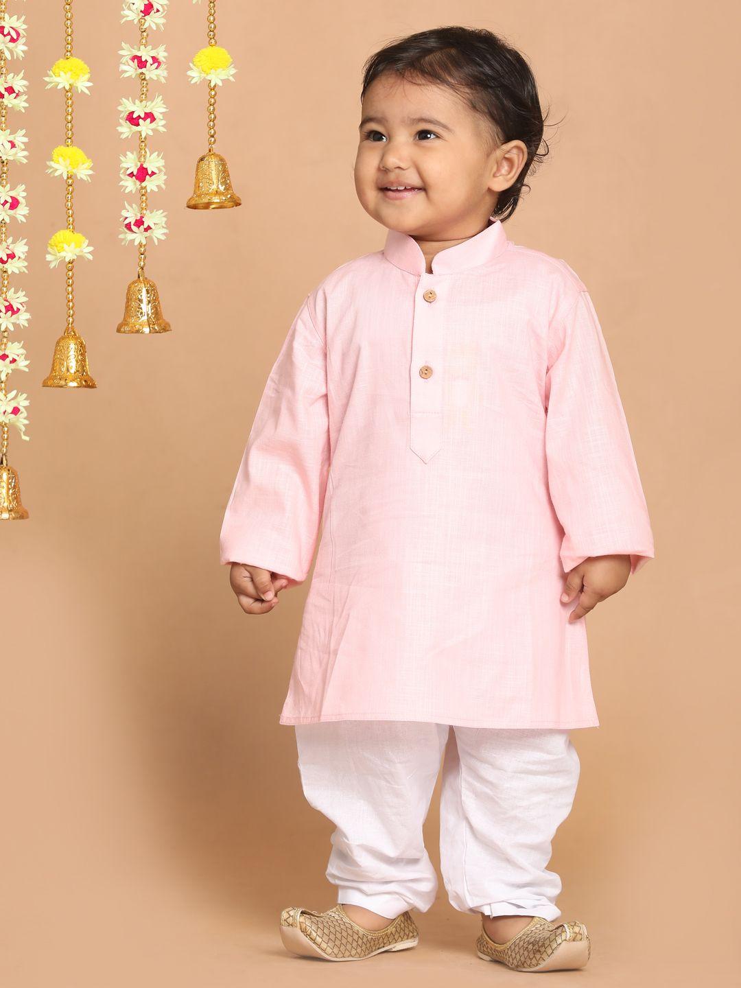 vastramay-sishu-boys-pink-and-white-cotton-blend-solid-kurta-pyjama-set