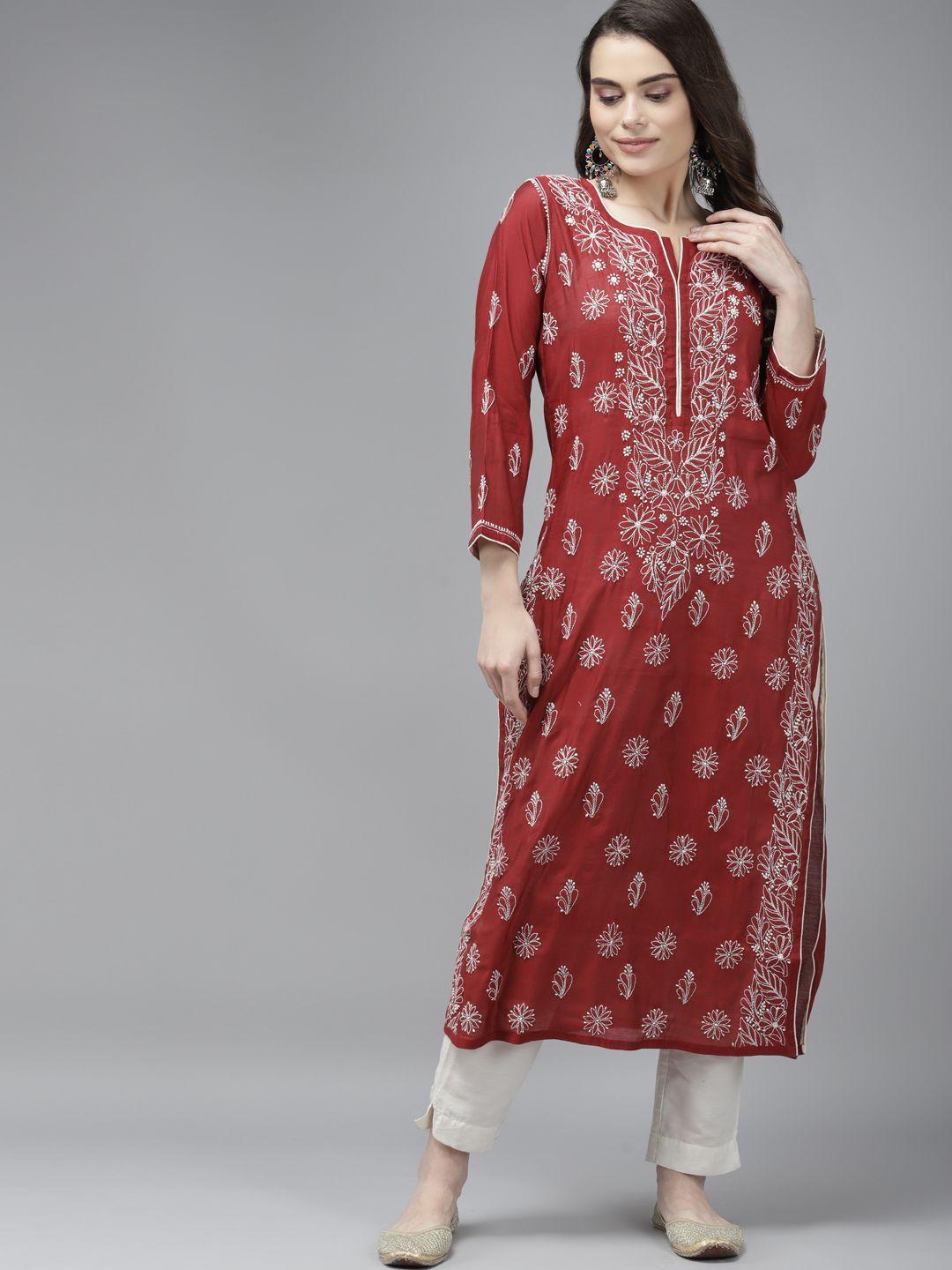 ada-women-maroon-&-white-ethnic-motifs-chikankari-handloom-kurta