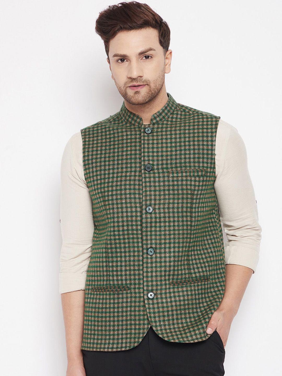 even-men-green-checked-pure-wool-regular-fit-nehru-jacket