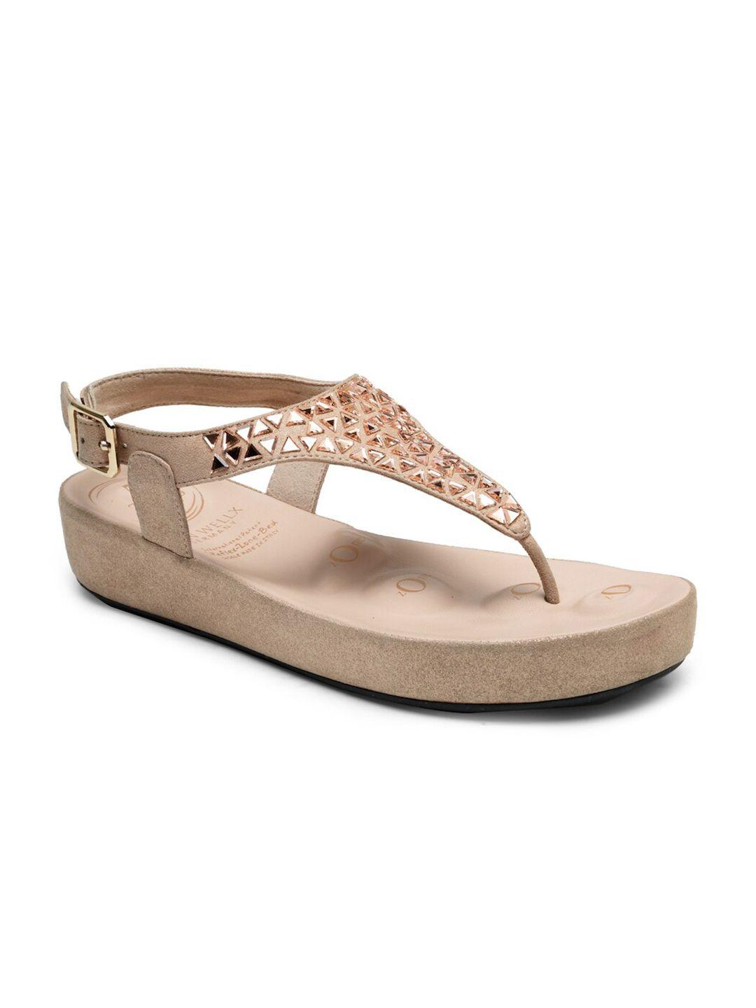 von-wellx-germany-women-peach-&-gold-toned-embellished-t-strap-flats