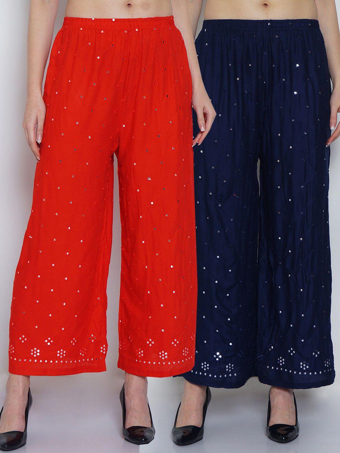 gracit-women-red-&-navy-blue-set-of-2-embellished-straight-fit-palazzo