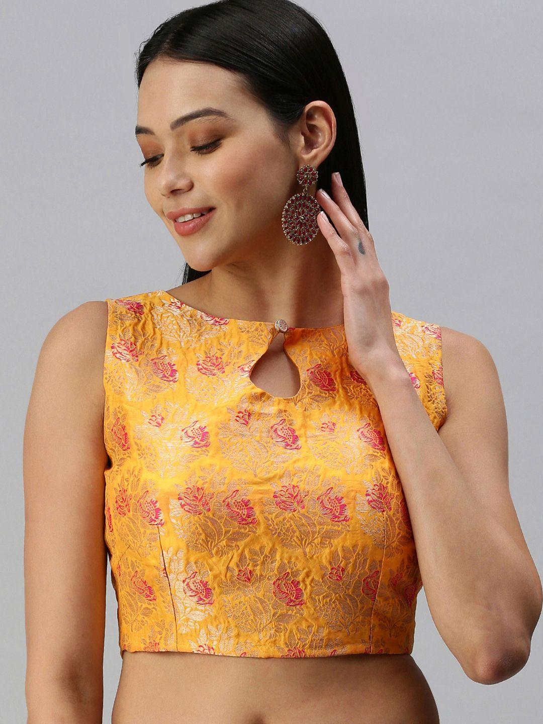 flaher-women-mustard-yellow-&-golden-ethnic-motifs-woven-design-jacquard-padded-blouse