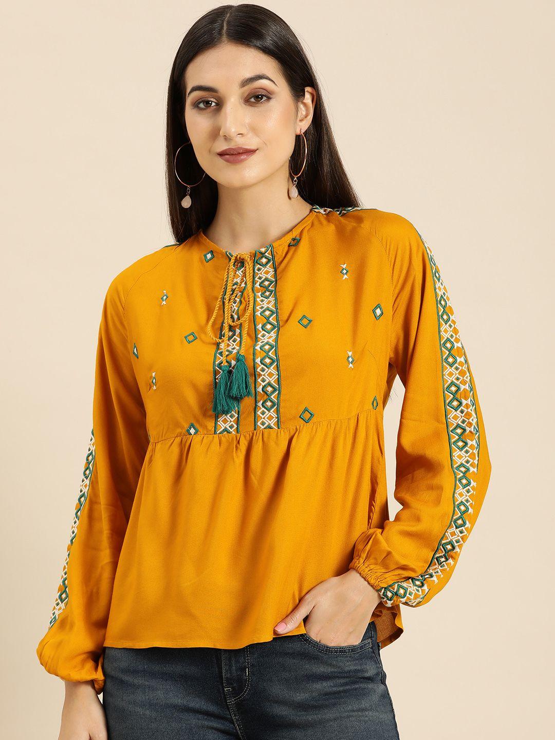 all-about-you-mustard-yellow-geometric-embroidered-peplum-top-with-long-puff-sleeves