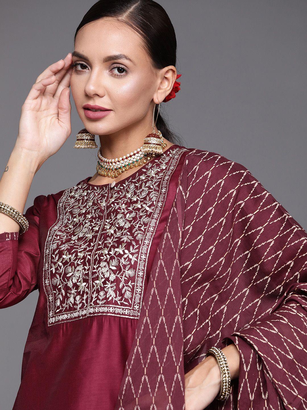 indo-era-women-maroon-floral-yoke-design-kurta-with-palazzos-&-with-dupatta