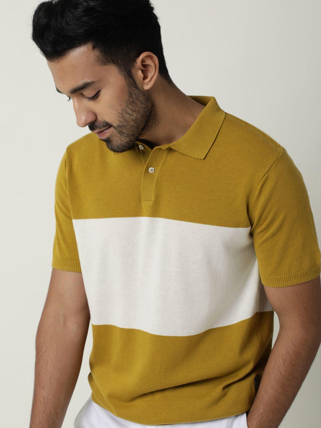rare-rabbit-men-mustard-yellow-&-white-colourblocked-polo-collar-pure-cotton-slim-fit-t-shirt