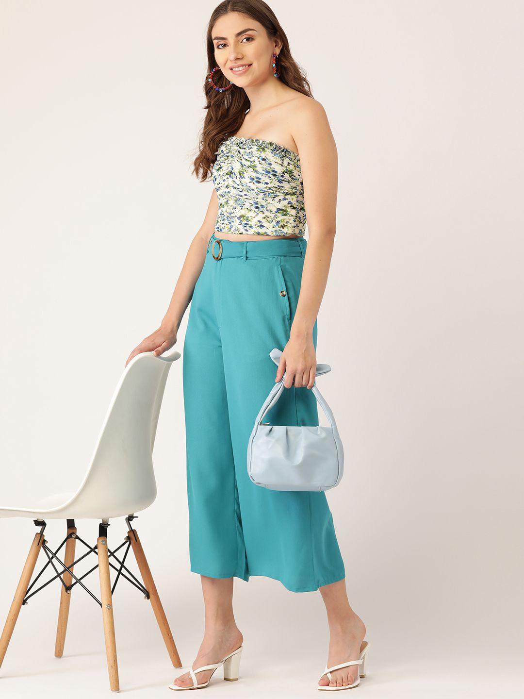 dressberry-women-blue-solid-high-rise-cropped-culottes-with-belt