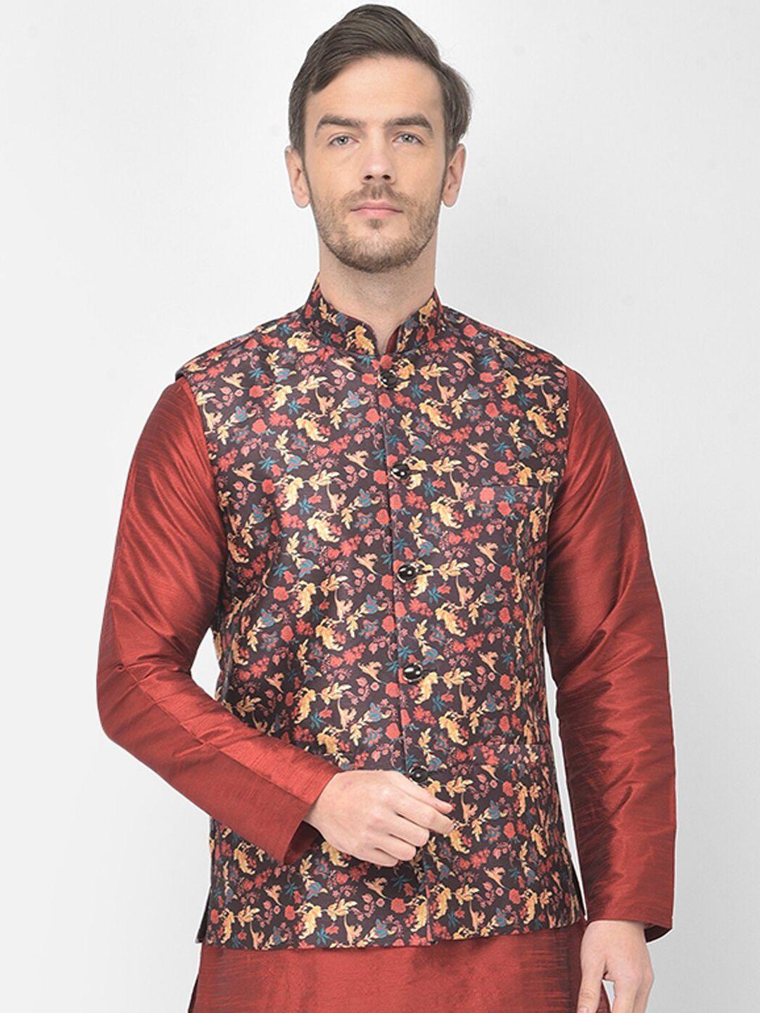 sg-leman-men-brown-floral-print-nehru-jacket