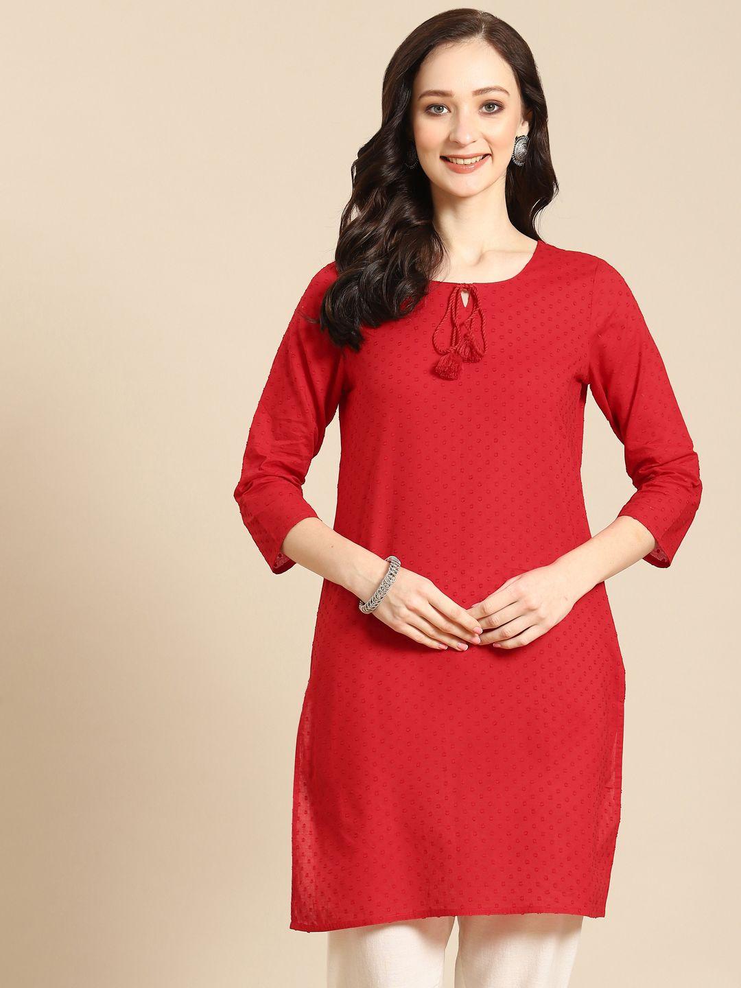 prakrti-red-woven-design-pure-cotton-dobby-kurti