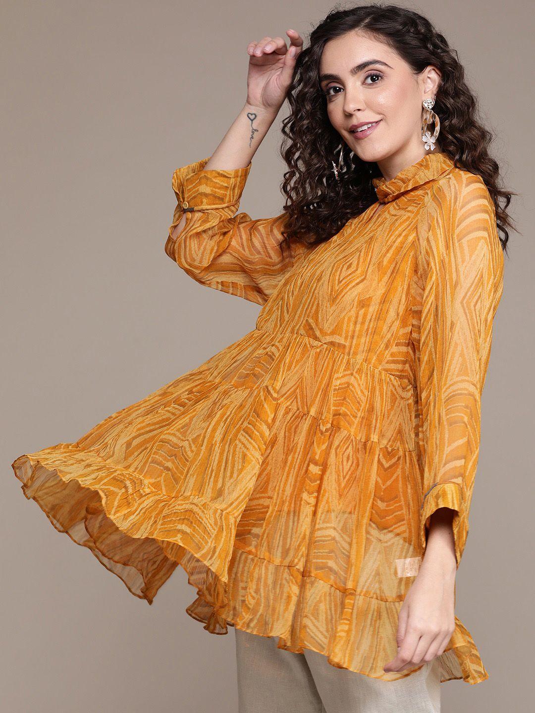 ritu-kumar-women-mustard-yellow-printed-twisted-collar-tiered-kurti-with-camisole